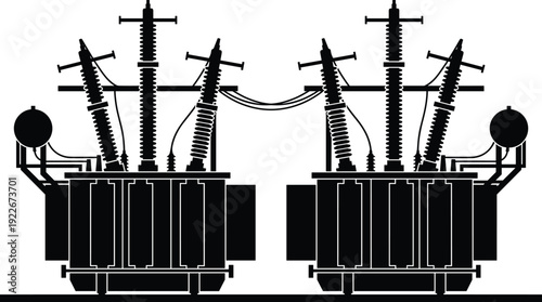 High Voltage Power Transformer Silhouette Illustration Showing Electrical Substation Equipment, Industrial Energy Distribution System, Utility Infrastructure Engineering 