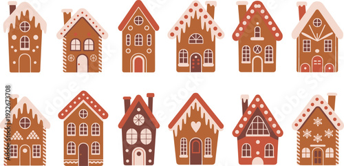 Whimsical gingerbread house set, cute Christmas holiday cookie homes collection, festive winter bakery illustration, flat cartoon style design