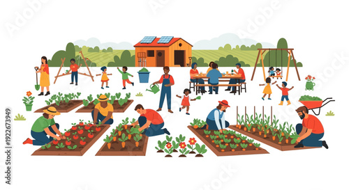 Sustainable Community Garden Activity: Diverse Families Planting, Harvesting, and Relaxing. Urban Farming and Eco-Friendly Lifestyle.