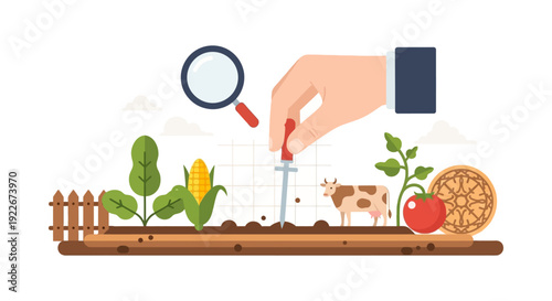 Smart Farming Concept Vector: Hand Testing Soil, Analyzing Crop Health, Livestock, and Quality Control in Modern Agricultural Research and Development.