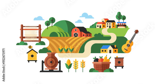 Rural Farm Life and Agriculture Vector Illustration. Harvest season landscape with barn, crops, traditional crafts, and village.