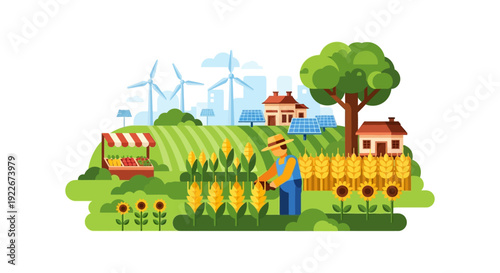 Sustainable Farming and Renewable Energy Concept. Farmer in a Green Agricultural Field with Solar Panels, Wind Turbines, and Crops. Flat Vector Illustration.