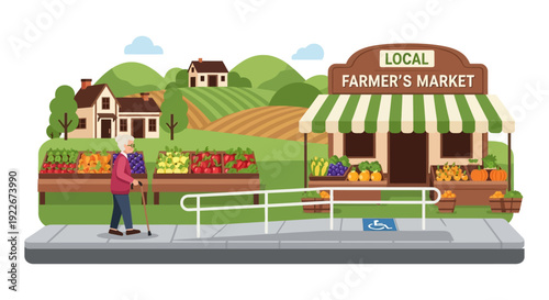 Accessible Farmer's Market Illustration with Senior Customer and Fresh Produce Stands in Rural Setting