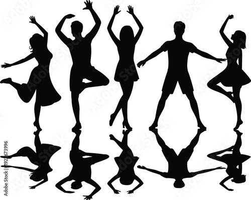Silhouettes of five energetic dancers jumping and posing with dynamic reflections on white background, modern party celebration concept illustration for music festival and nightlife design