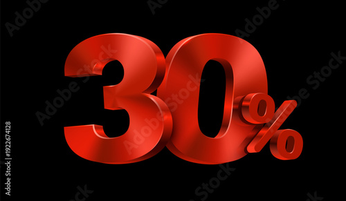 Bold red 30 percent discount sign on black background. Great for sales and promotional designs. Vector illustration.