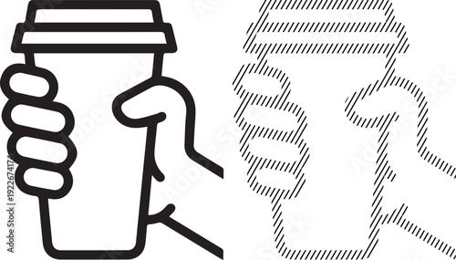 Vector icon of a hand holding a disposable coffee cup, symbolizing a daily ritual or takeaway beverage. Features both a solid outline and a striped fill for versatile graphic design.
