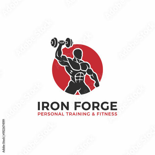 A muscular figure holding a dumbbell, encircled by a red disk, with accompanying text below