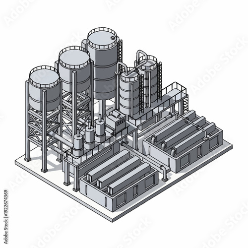 Industrial plant with storage tanks and processing units.