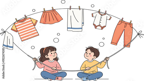 Kids thinking about outfit choices with hanging clothes children planning wardrobe fashion selection cute cartoon vector illustration.