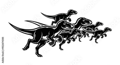 Dramatic pack of velociraptors running together in unison