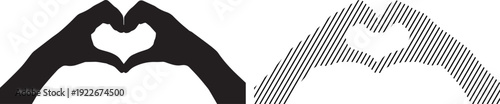 Vector icon of two hands forming a heart shape, symbolizing love, affection, care, or friendship. Offered in both a solid outline and a striped fill for versatile graphic design.