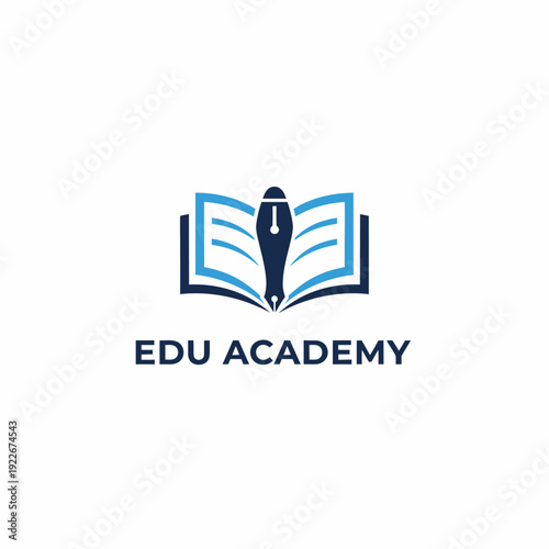 A logo featuring a pen placed in an open book with colored pages. The text "EDU ACADEMY" is below