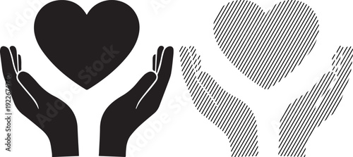 A minimalist black and white vector icon illustrating two hands gently cradling a heart, symbolizing care, protection, love, health, and support, ideal for medical, charity, or relationship themes.