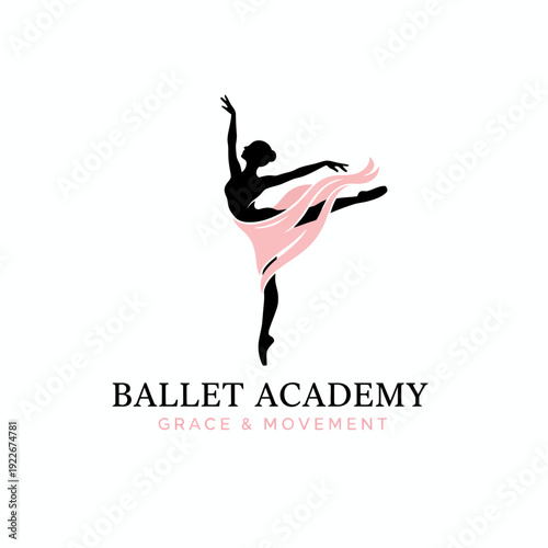 Silhouetted dancer, graceful pose, flowing fabric, text "Ballet Academy, Grace & Movement
