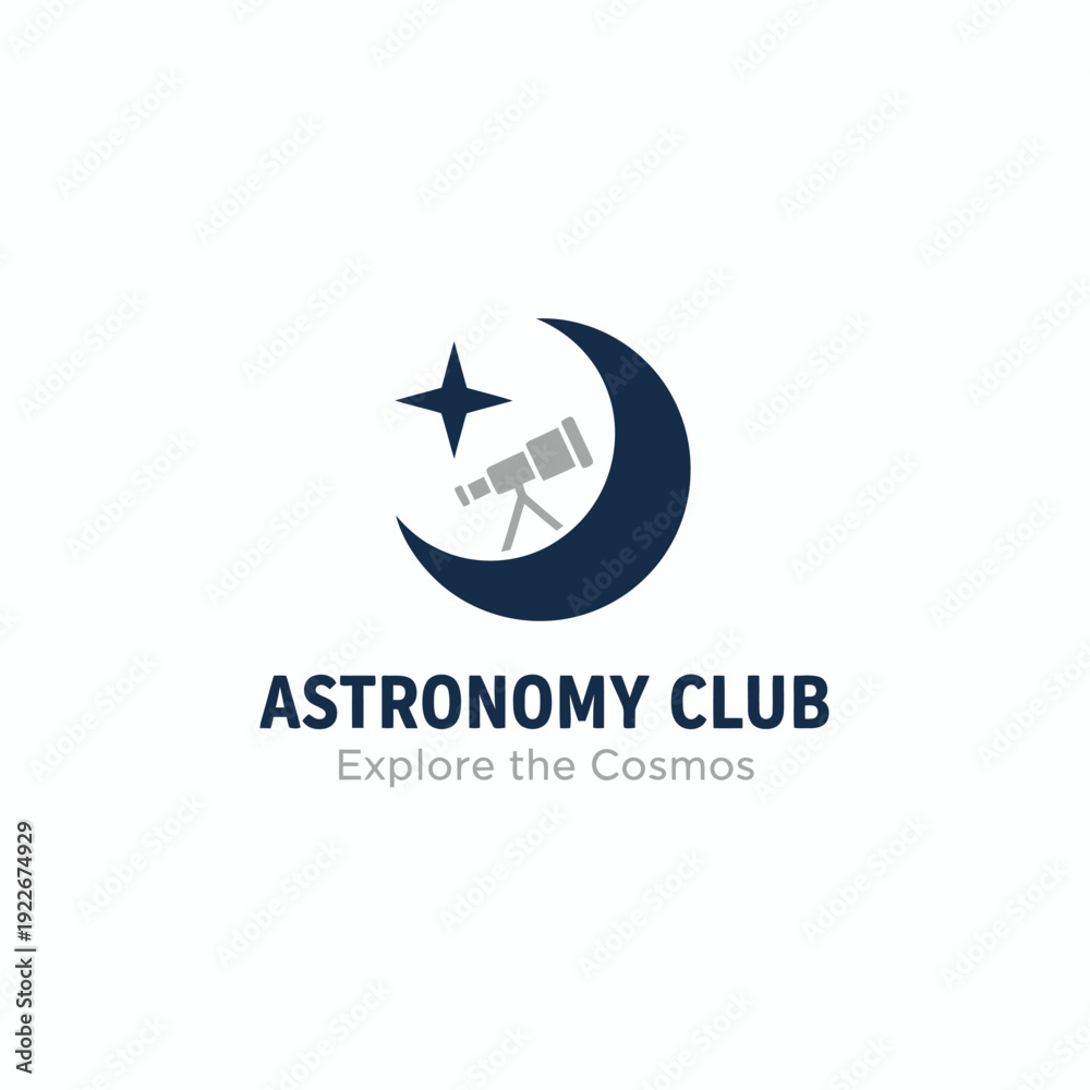 Obraz premium A logo featuring a dark blue crescent moon with a star and a telescope, with the club's name below