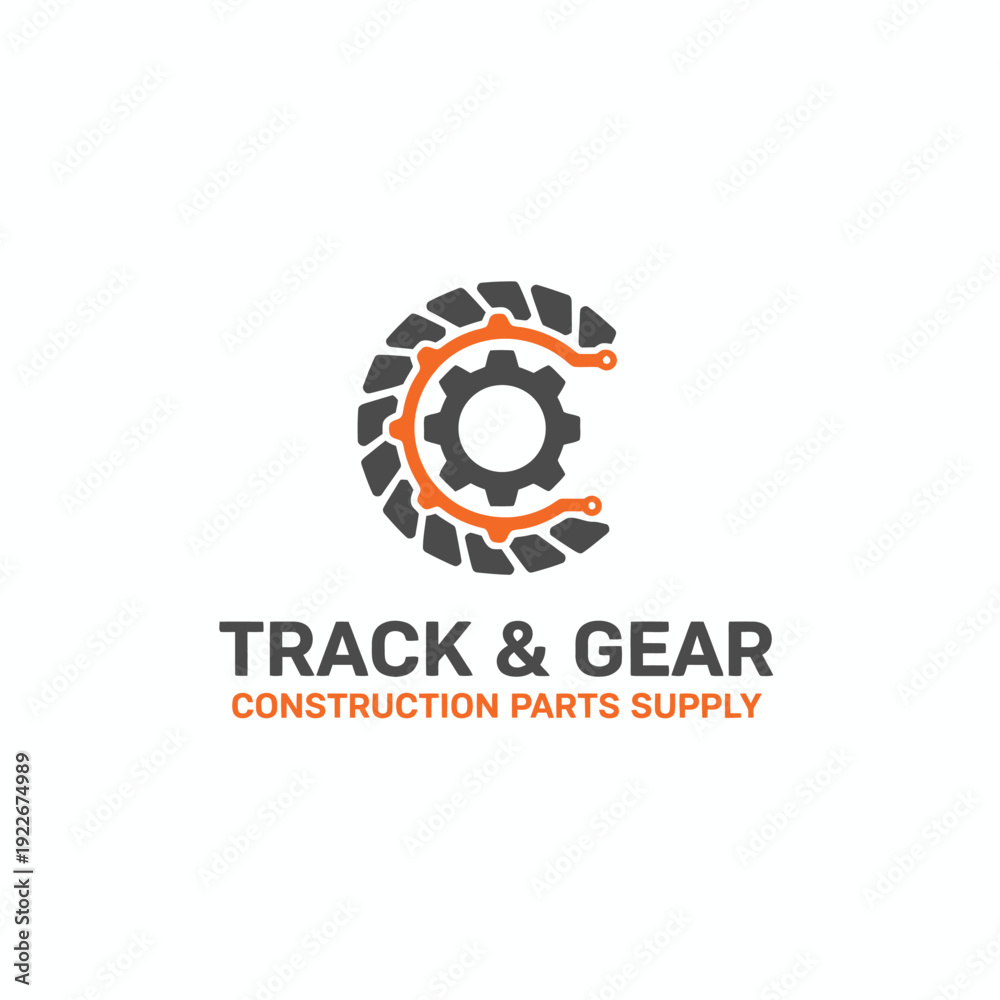 Obraz premium A logo shows a grey cog wheel design inside of a half circle of a tire track and a second, orange, c shaped line