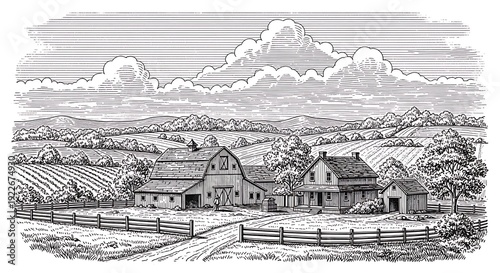 Rural farm scene with barn, house, fields and trees under a cloudy sky.