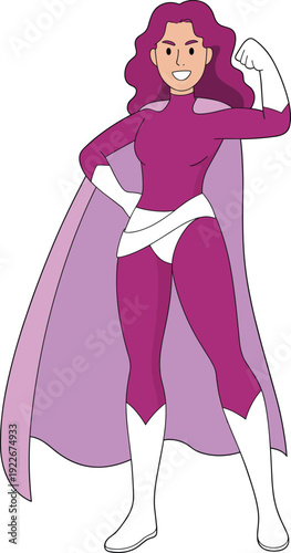 Powerful female superhero character flexing arm wearing purple costume and cape standing with confidence against an isolated white background illustration