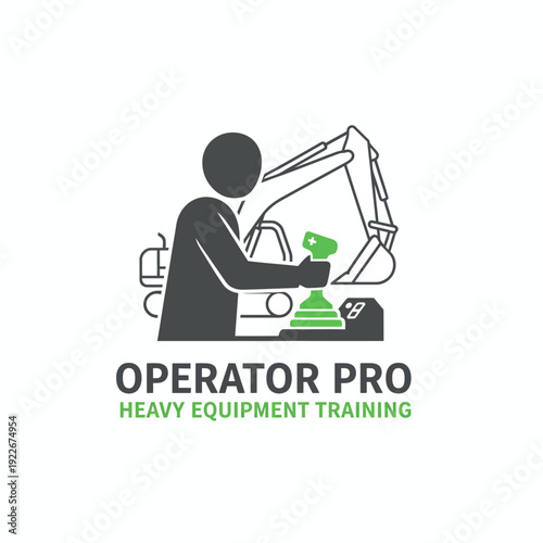 Stylized logo of a figure operating a piece of construction equipment, with supporting text below