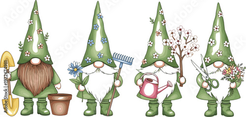 Cute garden gnome collection cartoon style spring dwarf characters vector illustration set