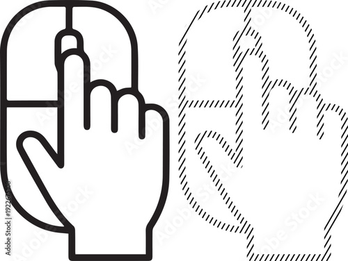 A clear black and white vector icon depicting a hand's index finger clicking on a computer mouse, representing digital interaction, online activity, user interface, and technology usage.