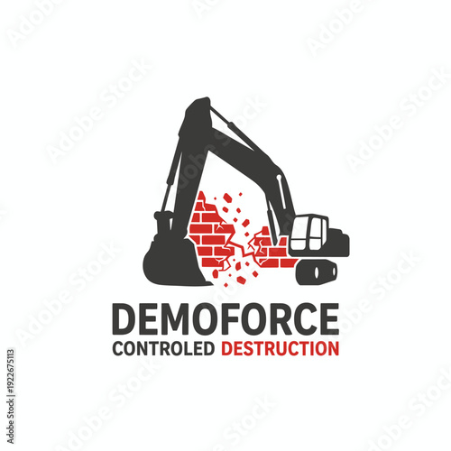An illustration of an excavator breaking a brick wall, with the word "DEMOFORCE" below