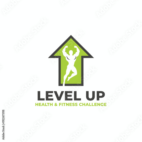 A fitness-themed graphic featuring an upward-pointing arrow with a human silhouette, plus text below
