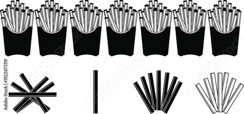 PrintFrench fries icon collection featuring fast food snack illustrations in outline and silhouette styles for restaurant, menu, and takeaway concepts