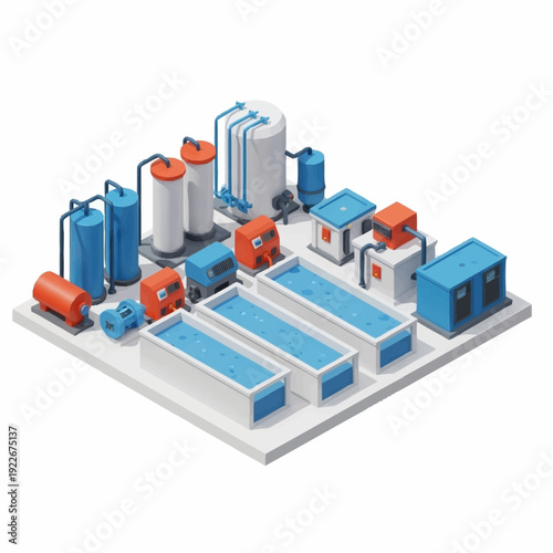 Isometric Industrial Water Treatment Plant with Tanks and Filtration Systems.