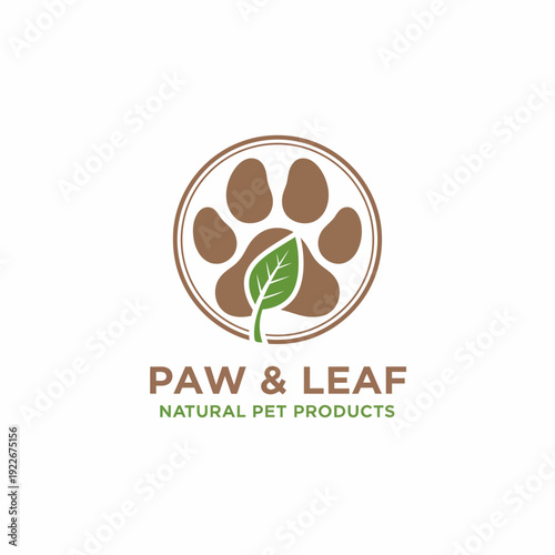A logo design with a paw print icon enclosed in a circle, a leaf, and the words "PAW & LEAF