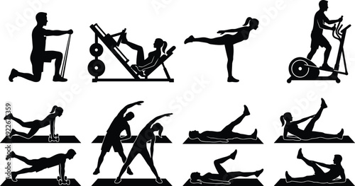 Fitness exercise silhouette collection showing gym workout, stretching, strength training and cardio activities illustration set for healthy lifestyle and sport concepts