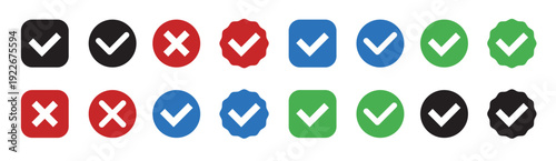 Checkmark icons blue,green,black and  red right and wrong choices on isolated white background. Check mark true and false symbol tick sign. Approved symbol.
