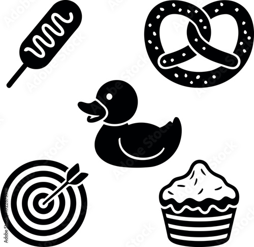 Fun Assorted Silhouette Icons - Corn Dog, Pretzel, Duck, Target & Cupcake Vector Set