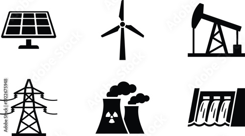 Energy Production and Power Generation Silhouette Icons Featuring Solar Panel, Wind Turbine, Oil Pump, Nuclear Plant and Hydroelectric Dam Systems
