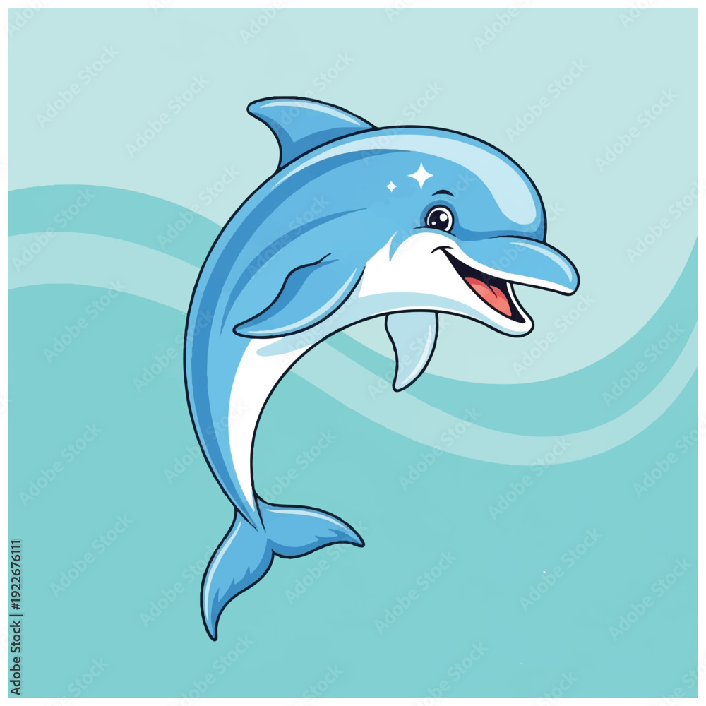 Obraz premium A cartoon dolphin jumping out of turquoise water with a wave background, depicted in a digital illustration with bright tones. Perfect for children's books, educational materials, and