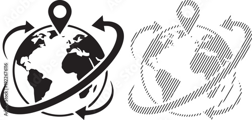 A dynamic vector icon featuring a globe with a prominent location pin and encircling arrows, symbolizing global navigation, international travel, worldwide connectivity, and location-based services.