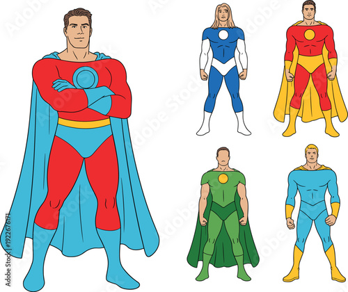 Set of retro male superheroes in colorful spandex costumes with capes and circular emblems, heroic character collection for comic book designs
