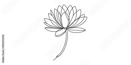 Black and white line drawing of a blooming lotus flower with a long curved stem Vector, illustration