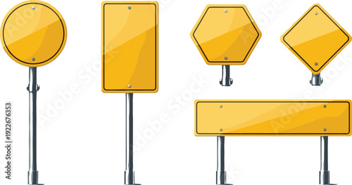 Blank yellow road sign boards in different shapes on metal poles traffic warning template realistic vector illustration set isolated.