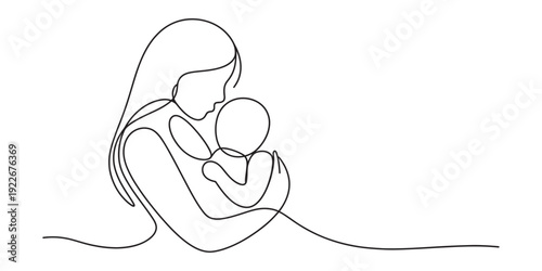 Minimalist continuous line drawing of a mother cradling her infant baby with love and care. Vector, illustration
