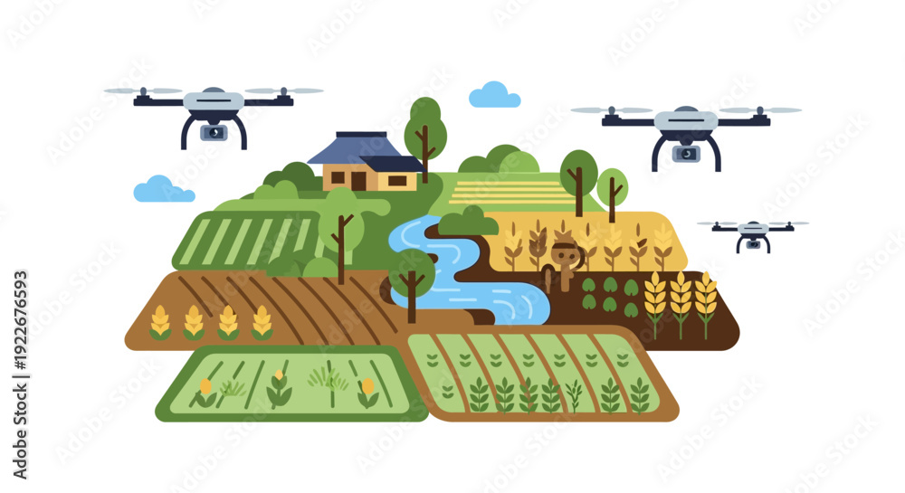 Obraz premium Precision Agriculture Concept: Drones Flying Over Farmland Monitoring Crops and Irrigation. Smart Farming Technology Illustration.