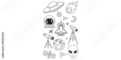 Hand drawn space icons collection featuring rocket ufo alien and astronaut helmet Vector, illustration