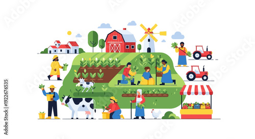 Rural Farming Life and Agricultural Industry Concept. Diverse Farmers Working, Harvesting Crops, Livestock, Barn, and Tractor. Flat Vector Illustration.