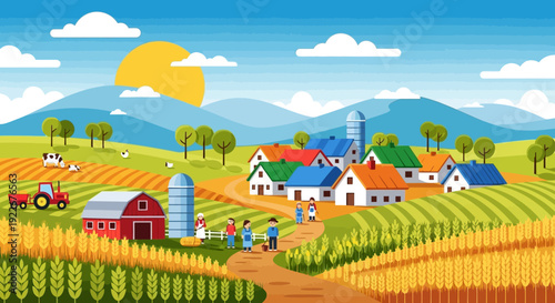 Idyllic Rural Farm Village Landscape Illustration. Flat Vector Art of Agriculture, Happy Farmers, Wheat Fields, Barn, and Tractor under the Summer Sun.