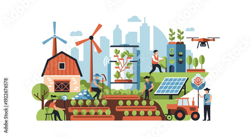 Modern Smart Farming Concept: Sustainable Agriculture, Technology Integration (Drone, IoT, Vertical Garden), and Renewable Energy sources near the city.