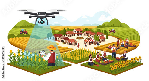 Smart Farming Technology Illustration: Drone Monitoring Crop Fields, Farmer Data Analysis, and Rural Village Community.