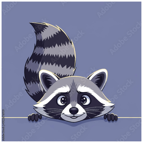 A cartoon raccoon peeking over a blue surface with a white border, presented on a solid blue background. Perfect for children's books, educational materials, and wildlife illustrations.