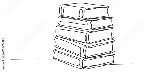 Minimalist continuous line drawing of a tall stack of five hardcover books on a white background. Vector, illustration