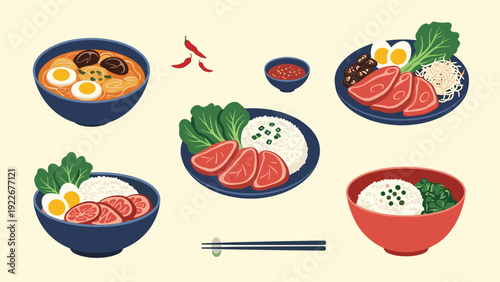 Mouth watering assortment of Asian dishes including noodle soup, meat with rice, boiled eggs, and dipping sauce on a yellow background.