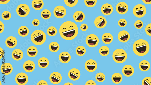 Fun and cheerful seamless pattern of many yellow laughing emoji faces with wide open mouths and closed eyes on a bright blue background.